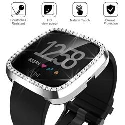 Landhoo Silver Hard Case Compatible with Fitbit Versa 2 Screen Protector Bling, PC case That Have Clarity PMMA Screen Protector and Shiny Diamond Bumper Overall Protective Cover for Women Watch.