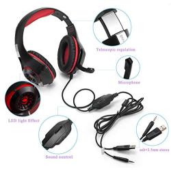 Beexcellent GM-1 Over-Ear Wired 3.5mm Pro Gaming Headset Surround Sound Gaming Headphone with LED Effect and Microphone for PC, Laptop, Tablet, PS4, Xbox, Cell Phone (Red)