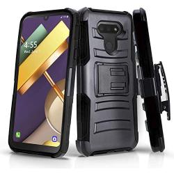 CasemartUSA Phone Case for [LG Premier Pro Plus (L455DL)], [Refined Series][Black] Cover with Kickstand & Holster for LG Premier Pro Plus (Tracfone, Simple Mobile, Straight Talk, Total Wireless)