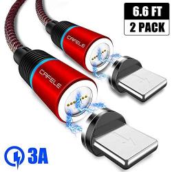 Magnetic Phone Charger for iOS Devices, CAFELE 2 Pack 6.6ft Magnetic Charging Cable with Led Light, 3.0A Nylon Braided Magnet USB Cord Support Data Trasfer for Phone Xs/Max/XR/X/8/8Plus/More (Red)