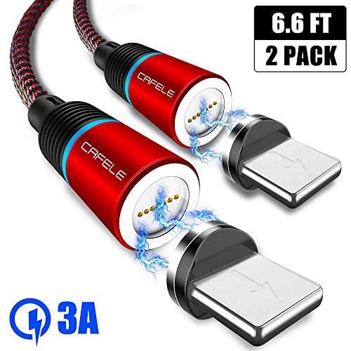 Magnetic Phone Charger for iOS Devices, CAFELE 2 Pack 6.6ft Magnetic Charging Cable with Led Light, 3.0A Nylon Braided Magnet USB Cord Support Data Trasfer for Phone Xs/Max/XR/X/8/8Plus/More (Red)