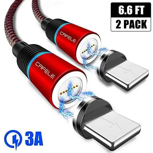 Magnetic Phone Charger for iOS Devices, CAFELE 2 Pack 6.6ft Magnetic Charging Cable with Led Light, 3.0A Nylon Braided Magnet USB Cord Support Data Trasfer for Phone Xs/Max/XR/X/8/8Plus/More (Red) Magnetic Phone Charger for iOS Devices, CAFELE 2 Pack 6.6ft Magnetic Charging Cable with Led Light, 3.0A Nylon Braided Magnet USB Cord Support Data Trasfer for Phone Xs/Max/XR/X/8/8Plus/More (Red)