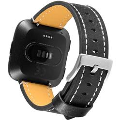 Henoda Compatible with Fitbit Versa Bands, Classic Genuine Leather Replacement Wristband Adjustable Fitness Strap for Fitbit Versa Women Men