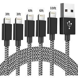 iPhone Charger Cable, MFi Certified Lightning Cables 5Pack [3/3/6/6/10FT] Nylon Braided Charging Cord Compatible with iPhone 11 Pro Max XS XR X 8 7 6S 6 Plus SE 5S 5C 5 iPad (Black White)