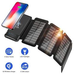 Solar Charger 10000mah Power Bank Solar Portable Charger Qi Wireless Charger for Outdoors, 2 Inputs 2 USB Outputs,External Battery Pack with LED Flashlight Compatible Most Smartphones,Tablets and More