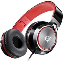 Artix CL750 Foldable Noise Isolating On Ear Headphones Wired with Microphone and Volume Control, Stereo Head Phones Corded with Adjustable Headband for Computer, Laptop and Cell Phone (Black/Red)