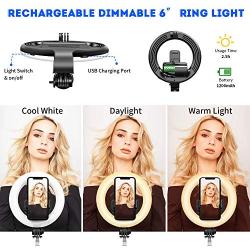 SYOSIN Selfie Ring Light with Tripod Stand and Phone Holder, 6” Rechargeable LED Dimmable Ring Light Selfie Stick Tripod with Bluetooth Remote Control for Live Stream,Makeup,YouTube Video