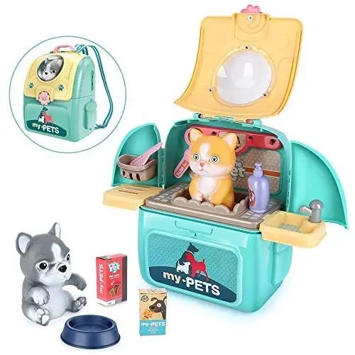 LBLA Pet Care Play Set for Kids Dog Cat Backpack Pretend Toys for Toddlers Educational Gifts for Girls Boys 17 Pieces