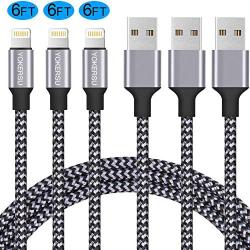 iPhone Charger, YOKERSU Nylon Braided Lightning Cable 3PACK 6ft Extra Long High Speed Data Sync Transfer Charging Cord Compatible with iPhone Xs MAX XR X 8 Plus 7 Plus 6S Plus 6 Plus SE 5S iPad(Gray)