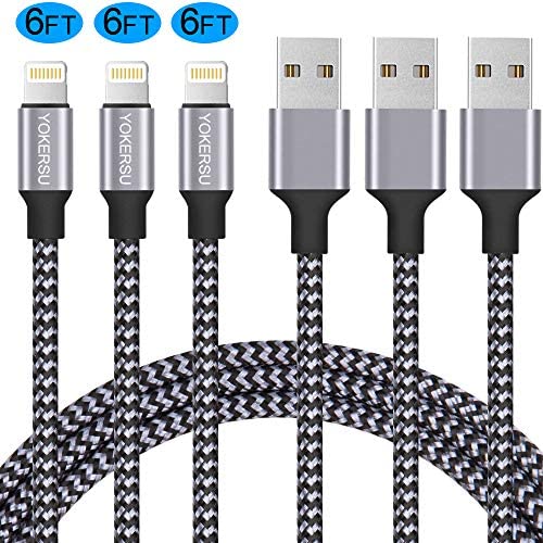iPhone Charger, YOKERSU Nylon Braided Lightning Cable 3PACK 6ft Extra Long High Speed Data Sync Transfer Charging Cord Compatible with iPhone Xs MAX XR X 8 Plus 7 Plus 6S Plus 6 Plus SE 5S iPad(Gray) iPhone Charger, YOKERSU Nylon Braided Lightning Cable 3PACK 6ft Extra Long High Speed Data Sync Transfer Charging Cord Compatible with iPhone Xs MAX XR X 8 Plus 7 Plus 6S Plus 6 Plus SE 5S iPad(Gray)