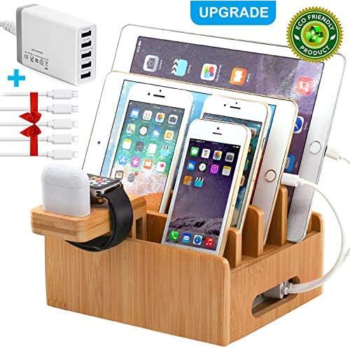 Bamboo Charging Station for Multiple Devices with 5 Port USB Charger, 5 Charger Cables and AirPod & Watch Stand. Pezin & Hulin Desk Wood Docking Stations Electronic Organizer for Cell Phone, Tablet,