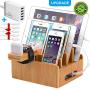 Bamboo Charging Station for Multiple Devices with 5 Port USB Charger, 5 Charger Cables and AirPod & Watch Stand. Pezin & Hulin Desk Wood Docking Stations Electronic Organizer for Cell Phone, Tablet,