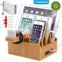 Bamboo Charging Station for Multiple Devices with 5 Port USB Charger, 5 Charger Cables and AirPod & Watch Stand. Pezin & Hulin Desk Wood Docking Stations Electronic Organizer for Cell Phone, Tablet,