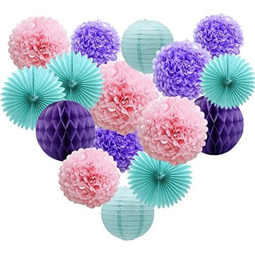 Teal Lavender Purple Pink Party Decorations 16pcs Paper Pom Poms Honeycomb Balls Blue Lanterns Tissue Fans for Wedding Birthday Baby Shower Frozen Party Supplies