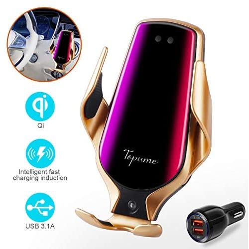 Smart Sensor Wireless Car Charger Mount, Automatic Clamping QC/QI 10W Fast Charging Car Charger Holder Compatible with iPhone 11/Xs/Xs Max/XR/X /8,Samsung Galaxy Note 9/ S9/ S9+/ S8 etc(Gold)