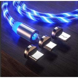 LED Flowing Magnetic Charger Blue Cable Light Up Candy Moving Party Shining Charger Phone Charging Cable Magnetic streamer absorption USB Snap Quick Connect 3 in 1 USB Cable (1 Cable+3 Magnetic Plugs)