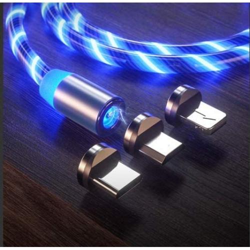 LED Flowing Magnetic Charger Blue Cable Light Up Candy Moving Party Shining Charger Phone Charging Cable Magnetic streamer absorption USB Snap Quick Connect 3 in 1 USB Cable (1 Cable+3 Magnetic Plugs)