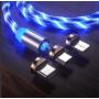 LED Flowing Magnetic Charger Blue Cable Light Up Candy Moving Party Shining Charger Phone Charging Cable Magnetic streamer absorption USB Snap Quick Connect 3 in 1 USB Cable (1 Cable+3 Magnetic Plugs)