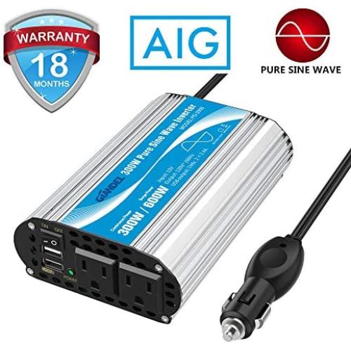 Pure Sine Wave Power Inverter 300Watt Car Adapter Converts 12V DC to 120V AC with 4.8A Dual USB and 2 AC Outlets for Tablets Laptops Smartphones CPAP