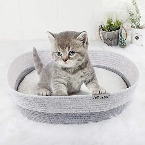 4pawslife Pet Bed for Indoor Cats or Small Dogs, Cotton Rope Woven Cat Bed Puppy Kitty Kitten Rabbit Anti-Slip Bottom Cat Bed House Pet Supplies Cat Toy Basket Washable
