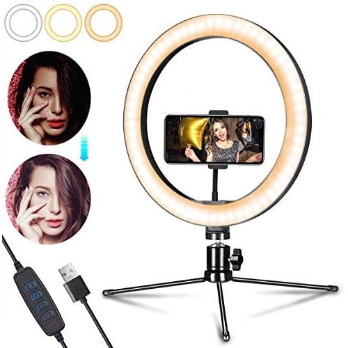 OMID 10"/26cm Ring Light, Upgraded LED Ring Light with Tripod Stand & Phone Holder for Live Stream/Makeup,3 Light / 12 Brightness Dimmable Desk Selfie Ring Lights for Video, Vlog, Photography