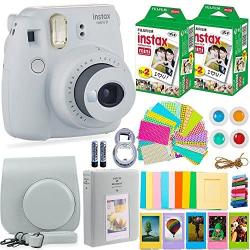 Fujifilm Instax Mini 9 Instant Camera + Fuji Instax Film (40 Sheets) + Accessories Bundle - Carrying Case, Color Filters, Photo Album, Stickers, Selfie Lens + More (Smokey White)