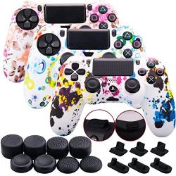 9CDeer 3 Pieces of Silicone Water Transfer Protective Sleeve Case Cover Skin + 8 Thumb Grips Analog Caps + 3 Sets of dust Proof Plug for PS4/Slim/Pro Controller, Graffiti 3 Pack