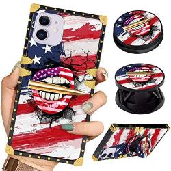 Luxury Square Phone Case iPhone 11 6.1 Inch 2019 Retro Elegant Soft TPU Design Cover (American Flag Lips Bullet)