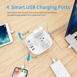 Power Strip 2 Pack, Desktop Charging Station with 3 Outlet 4 USB Ports 4.5A, Flat Plug, 5 ft Long Braided Extension Cord for Cruise Ship Travel Home Office, ETL Listed, White