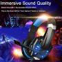 BlueFire Stereo Gaming Headset for PS4, PC, Xbox One Controller, Noise Cancelling Over Ear Headphones with Mic, LED Light, Bass Surround, Soft Memory Earmuffs for Laptop Nintendo Switch Games (Blue)