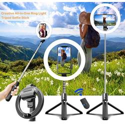 Selfie Stick with 6" Ring Light,Tripod and Phone Holder,3 in 1 Portable LED Fill Light Selfie Stick Tripod Bluetooth Remote Control,Dimmable 3 Colors for YouTube TikTok Videos Live Stream Make-up