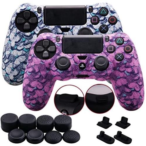 9CDeer 2 Pieces of Silicone Water Transfer Protective Sleeve Case Cover Skin + 8 Thumb Grips Analog Caps + 2 Sets of dust Proof Plug for PS4/Slim/Pro Controller, Butterfly White & Pink