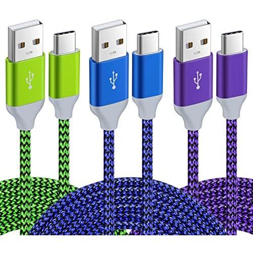 Pofesun USB Type C Cable 3Pack 10ft Nylon Braided USB C Cable Fast Charger Charging Cord Compatible Samsung Galaxy S10 S9 S8 Note 9 Note 8 Plus,LG V30 G6 G5 V20,OnePlus,Moto Z2-Blue,Green,Purple