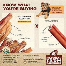 Natural Farm Bully Sticks – Extra Thin, 6-Inch Long (25-Pack) - One Ingredient: 100% Natural Beef Chews, Grass-Fed, Non-GMO, Grain-Free, Fully Digestible Beef Treats for Puppies, Small or Senior Dogs