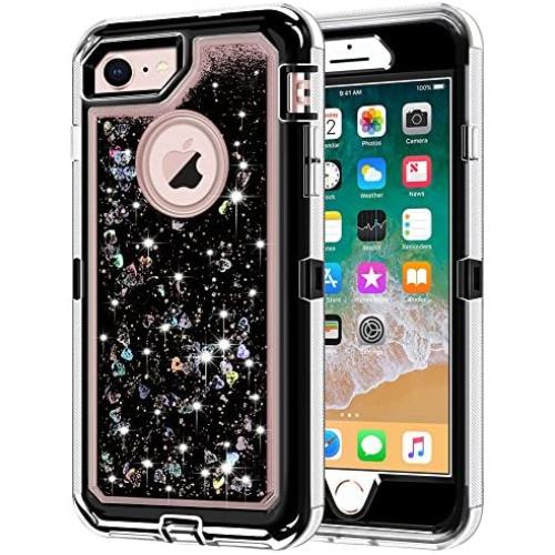 iPhone 8 Case, iPhone 7 Case, Anuck 3 in 1 Hybrid Heavy Duty Defender Case Sparkly Floating Liquid Glitter Protective Hard Shell Shockproof TPU Cover for Apple iPhone 7/ iPhone 8 4.7 inch - Black