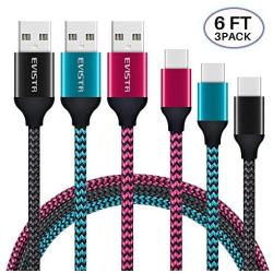 USB Certified Type C Cable - EVISTR 3PACK 6FT Charging Cable for Smartphones, Nylon Braid USB Charger Sync Data Cord Compatible with Samsung Galaxy S9 S8 Note 8, LG V30, Nintendo Switch and More