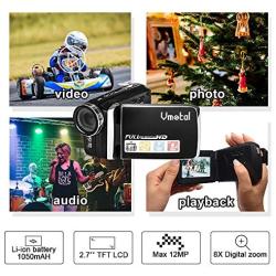 Video Camera Camcorder Vmotal HD 1080P 12.0MP 2.8 Inch LCD 270 Degrees Rotatable Screen 8X Digital Zoom Camera Recorder YouTube Vlogging Camera with Rechargable Battery (Black)