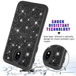 Galaxy J3 Achieve Case,Galaxy J3 2018/J3 Star/Express Prime3/Amp Prime3 Glitter Case,Luxury Glitter Sparkle Bling Case,Hybrid PC Silicone Faux Leather Cover,Dual Layer Armor Phone Case Black