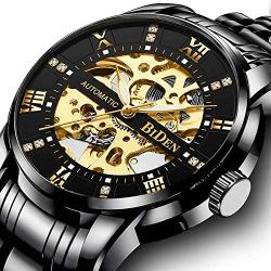 Mens Watches Mechanical Automatic Self-Winding Stainless Steel Skeleton Luxury Waterproof Diamond Dial Wrist Watches for Men