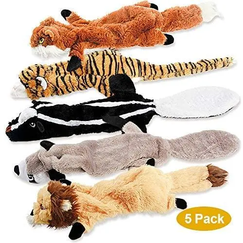 FIREOR Dog Squeaky Toys, No Stuffing Plush Pet Chew Toy for Small Medium Large Puppy, 5 Pack Two Squeaky Cute Animals (Raccoon Squirrel Tiger Fox and Lion)
