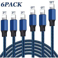 iPhone Charger, MFi Certified Cable 6PACK (3/3/3/6/6/10FT) Charging USB Syncing Data Nylon Braided Compatible with iPhone 11/Pro/Max/X/XS/XR/XS Max/8/Plus/7/7 Plus/6/6S/6 Plus More- Black&Blue