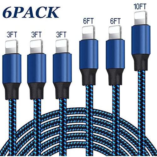 iPhone Charger, MFi Certified Cable 6PACK (3/3/3/6/6/10FT) Charging USB Syncing Data Nylon Braided Compatible with iPhone 11/Pro/Max/X/XS/XR/XS Max/8/Plus/7/7 Plus/6/6S/6 Plus More- Black&Blue