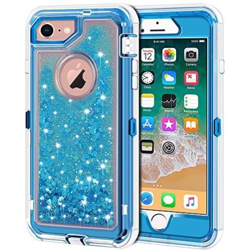 Anuck iPhone 8 Case, iPhone 7 Case, 3 in 1 Hybrid Heavy Duty Defender Case Sparkly Floating Liquid Glitter Protective Hard Shell Shockproof TPU Cover for Apple iPhone 7/ iPhone 8 4.7 inch - Blue