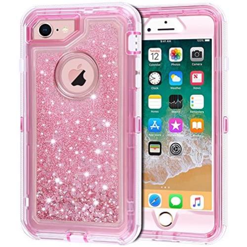 Anuck iPhone 8 Case, iPhone 7 Case, 3 in 1 Hybrid Heavy Duty Defender Case Sparkly Floating Liquid Glitter Protective Hard Shell Shockproof TPU Cover for Apple iPhone 7/ iPhone 8 4.7 inch - Pink