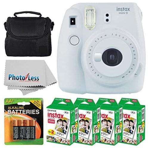 Fujifilm instax mini 9 Instant Film Camera (Smokey White) + Fujifilm Instax Mini Twin Pack Instant Film (80 Shots) + Camera Case + AA Batteries + Accessory Bundle