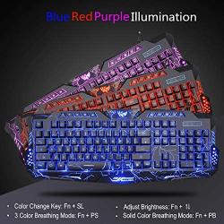 BlueFinger Backlit Gaming Keyboard and Mouse and LED Headset Combo,USB Wired 3 Color Crack Backlit Keyboard,Blue LED Light Gaming Headset,Gaming Keyboard Mouse Headphone Set for Work and Game