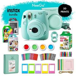 Fujifilm Instax Mini 9 Instant Camera Bundle-Deluxe Kit with NeeGo Case & Accessories + 4 Fun Film Packs–Rainbow, Stained Glass, Monochrome & White 50 Exposures for Instant Creative Photos-Ice Blue