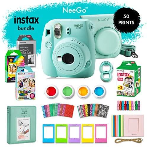 Fujifilm Instax Mini 9 Instant Camera Bundle-Deluxe Kit with NeeGo Case & Accessories + 4 Fun Film Packs–Rainbow, Stained Glass, Monochrome & White 50 Exposures for Instant Creative Photos-Ice Blue