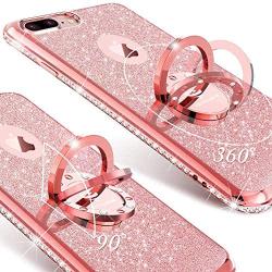 OCYCLONE iPhone 8 Plus Case, iPhone 7 Plus Case, Cute Glitter Luxury Diamond Rhinestone Bumper with Ring Grip Kickstand Protective Girly Soft iPhone 8 Plus/ 7 Plus Case for Women Girl - Rose Gold Pink