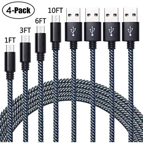 Bynccea High Speed Micro USB Cable Android,4-Pack 1FT 3FT 6FT 10FT Cell Phone Charger Cord Nylon Braided Charging Cables Compatible with Samsung LG HTC Motorola Kindle BlackBerry Blue